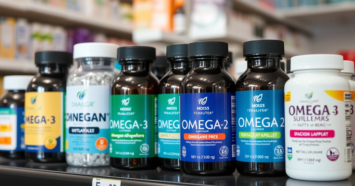 Eri omega-3-valmisteita rivissä apteekin hyllyllä hintalappujen kanssa