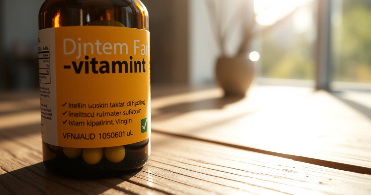 D-vitamiinipurkki puupöydällä aamuvalossa
