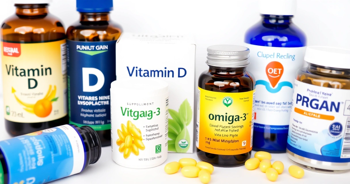 D-vitamiini ja omega-3 ravintolisäpakkauksia