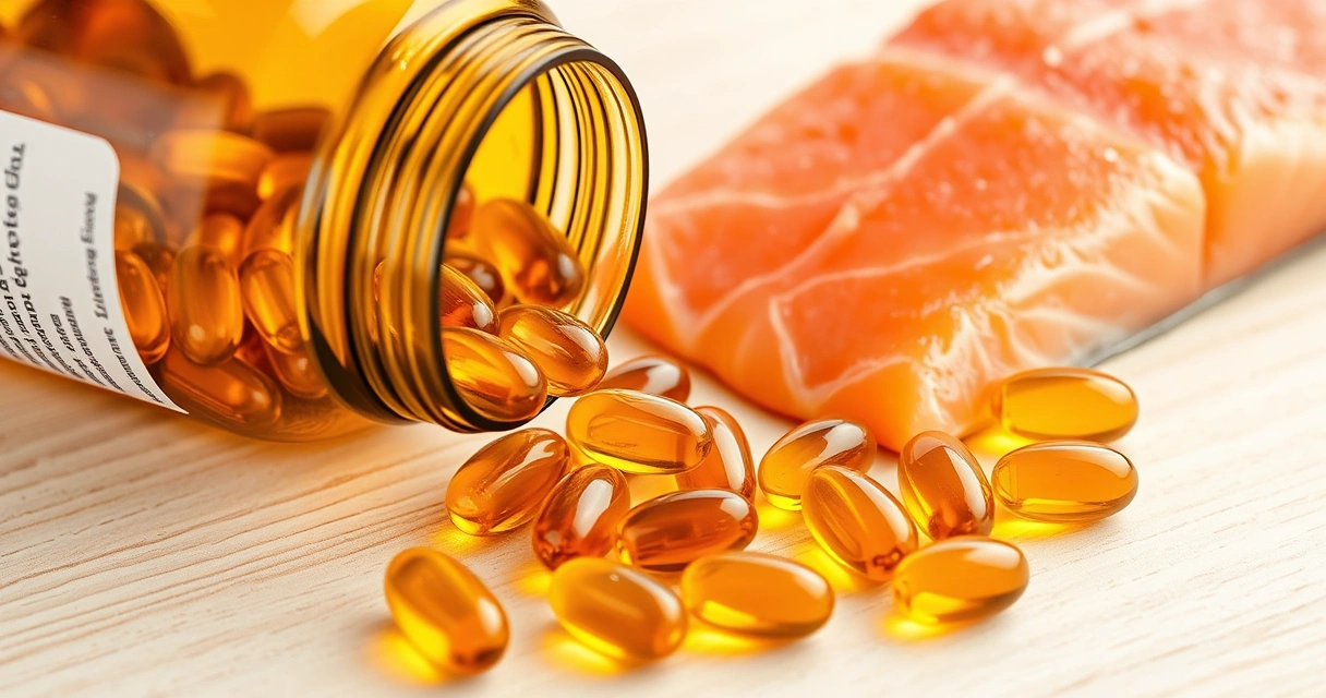 Omega-3-kapseleita lasipurkista vaalealla puupinnalla tuoreen lohifileen vieressä