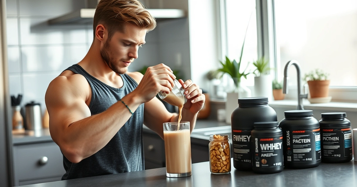 Urheilija valmistamassa proteiinijuomaa keittiössä