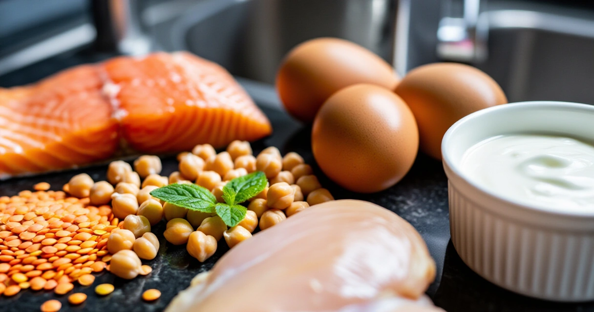 Terveellisiä proteiinilähteitä: lohi, munat, kikherneet, linssit, kananrinta ja kreikkalainen jogurtti