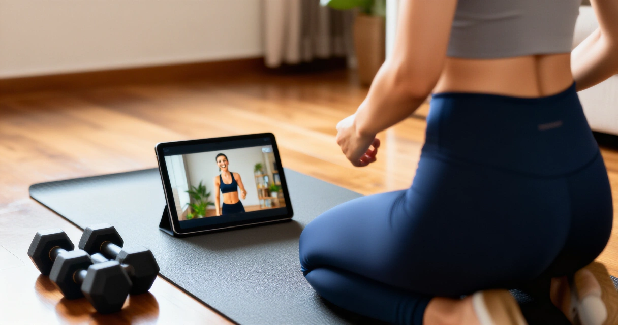 Kotitreeni Apple Fitness+ -ohjelman mukaan matolla olohuoneessa