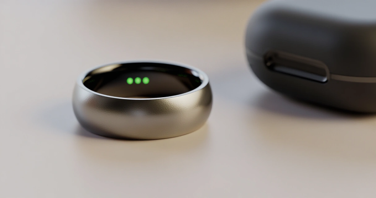Oura Ring 5 älysormus ja kannettava latauskotelo lähikuvassa