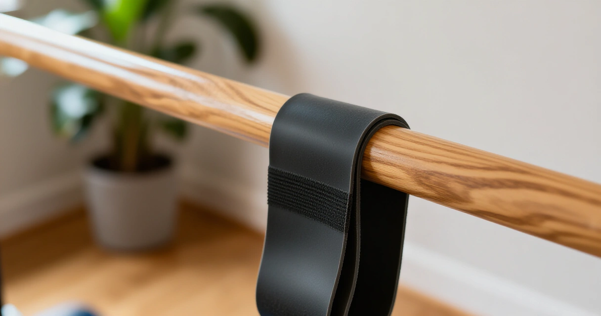 Elastinen vastuskuminauha kiinnitetty Gymstick-harjoittelukeppiin lähikuvassa