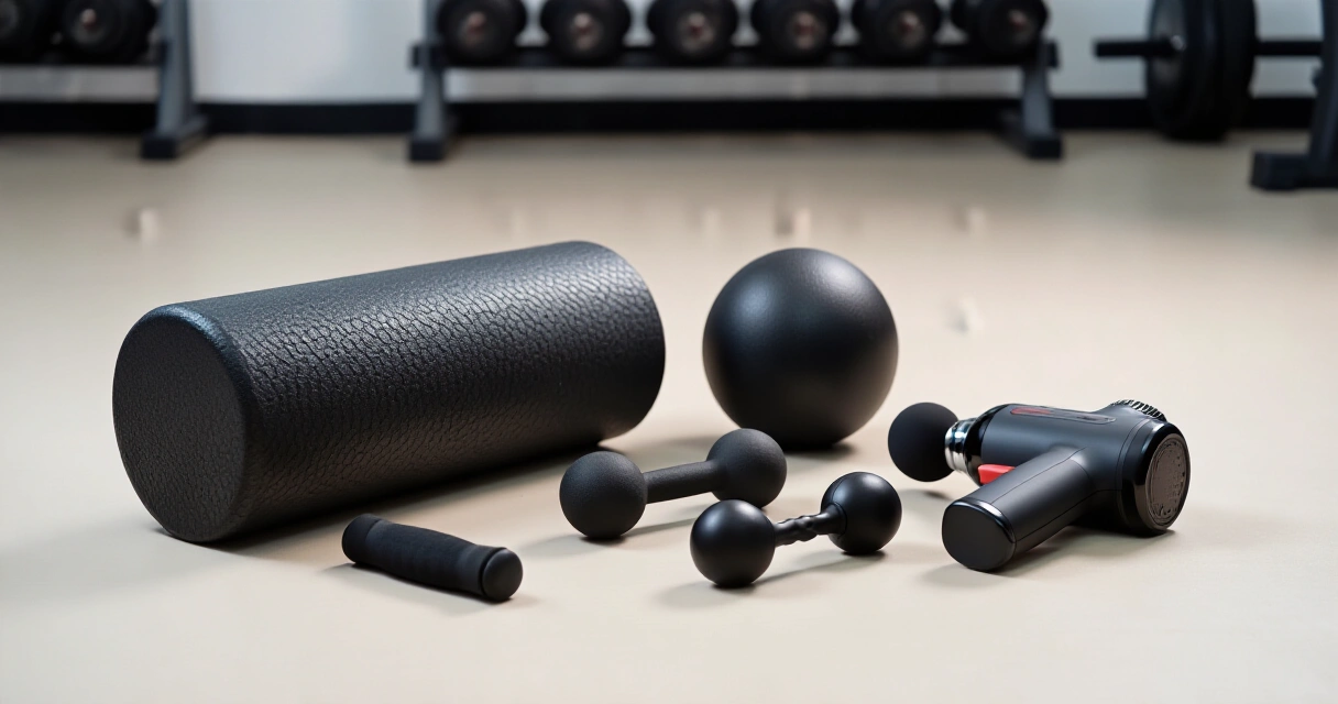 Lihashuoltovälineitä: foam roller, hierontapallo ja perkussiohierontalaite