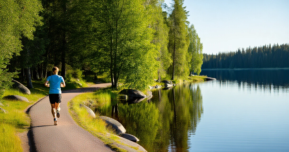 Triathlonharjoittelija juoksee järven rannalla kesäisessä Suomessa