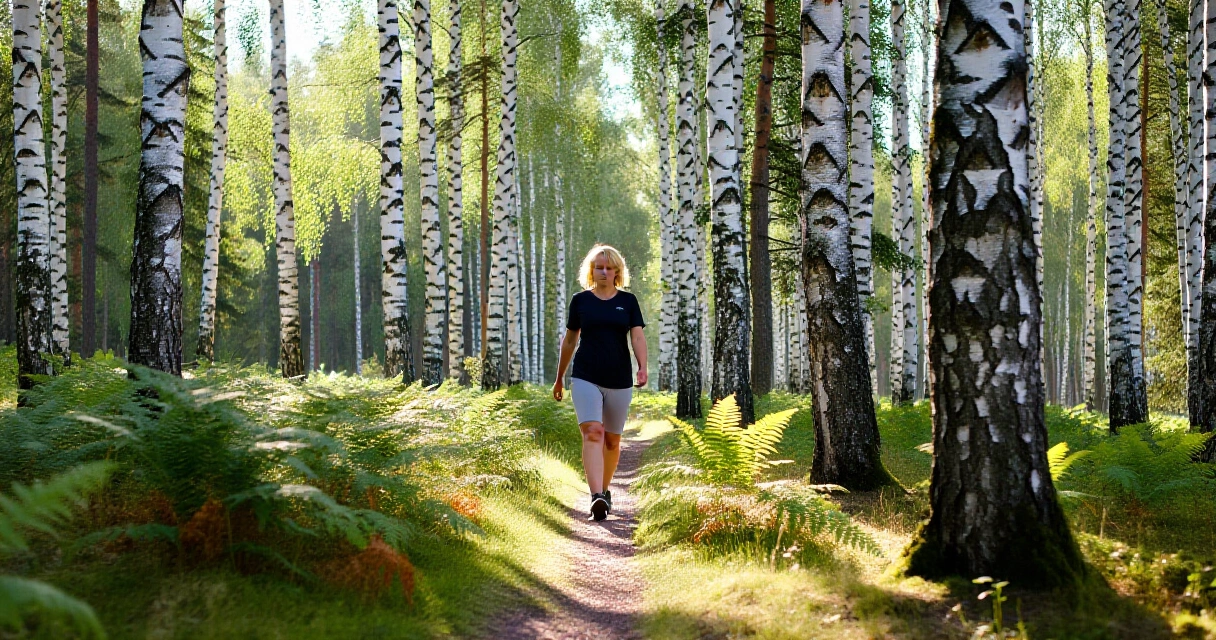 Henkilö kävelee aurinkoisessa suomalaisessa koivumetsässä kesäaamuna