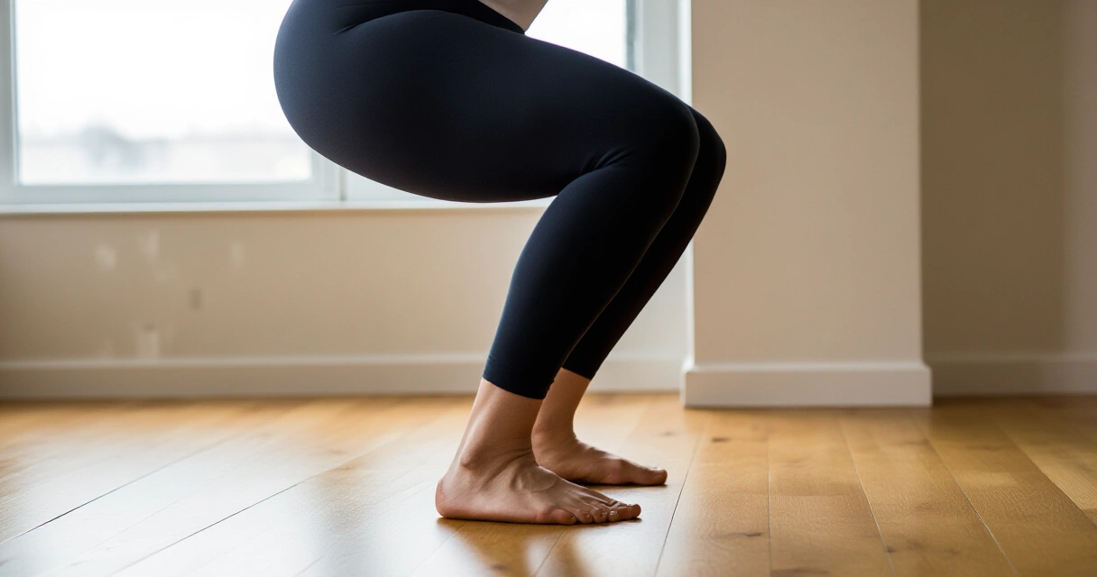 Henkilö tekee kehonpainokyykkyjä vaaleassa kotona, Freeletics-tyylinen kotitreeni