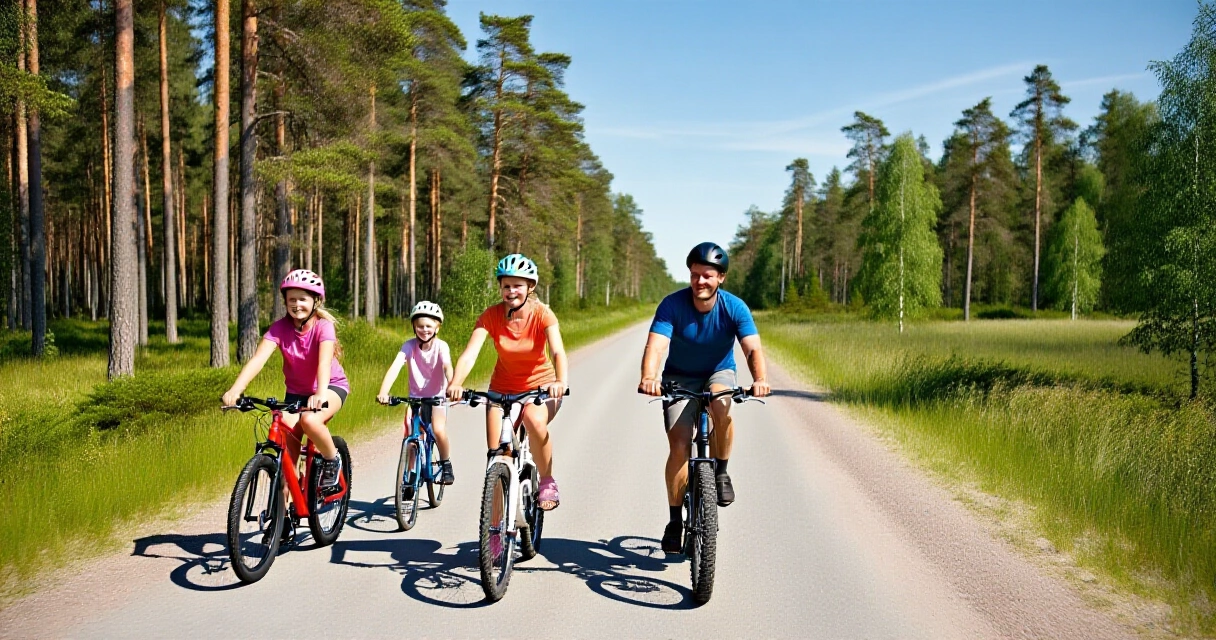 Perhe pyöräilee yhdessä metsäpolulla kesäisessä Suomessa