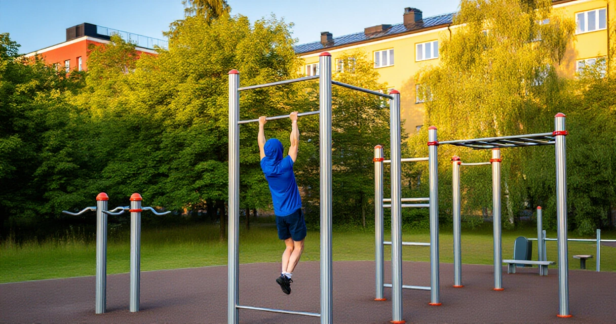 Calisthenics-harjoittelija tekee muscle-upin ulkokuntoilupuistossa kesällä 2026