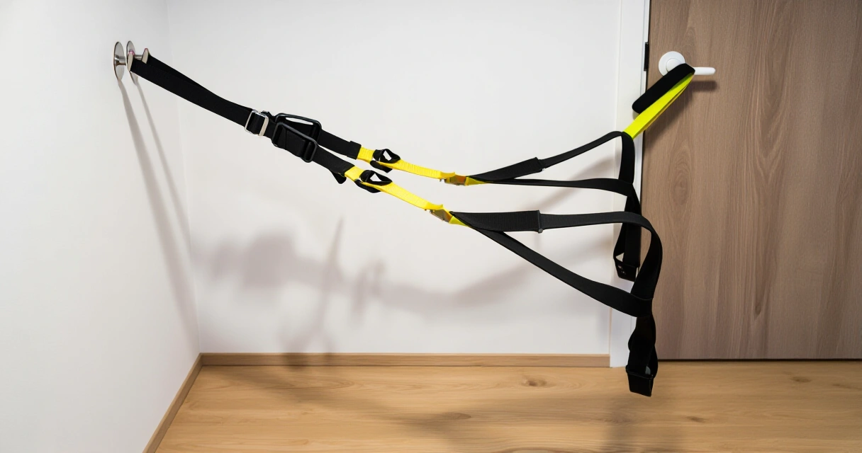 TRX suspension trainer kiinnitettynä oviankkuriin kotisalissa