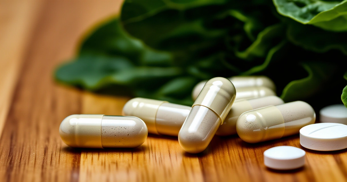 Magnesium ravintolisäkapselit ja tabletit puupöydällä vihreän ruoan vieressä