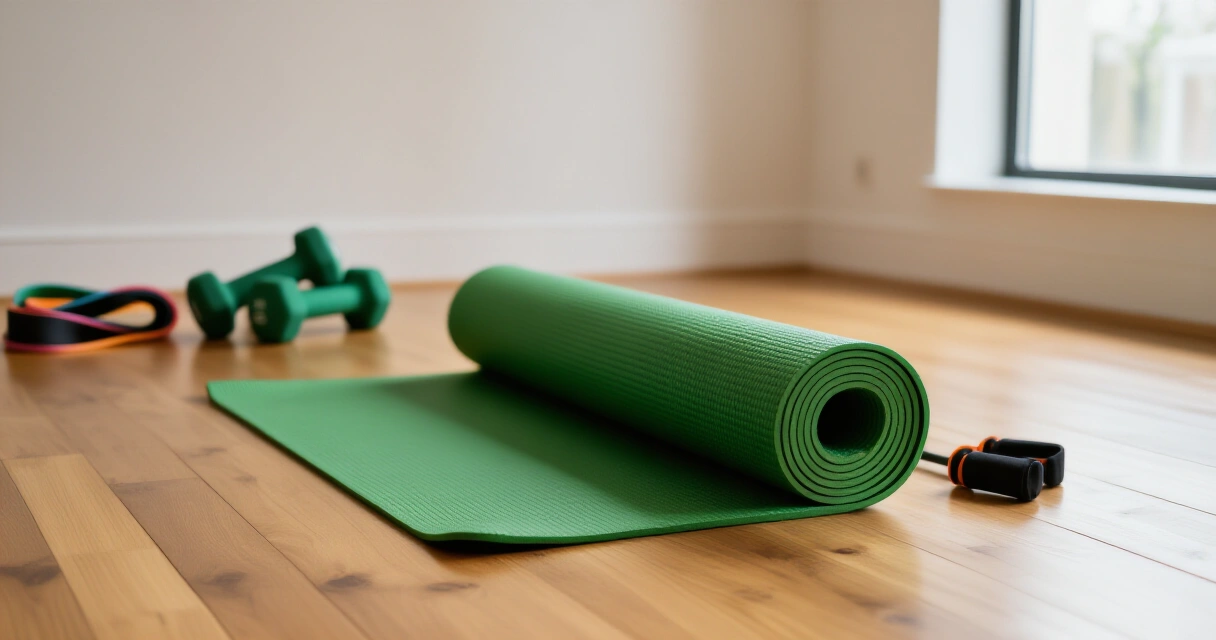 Kotitreenivälineet lattianäkymä – jumppamatto, käsipainot ja vastuskuminauha