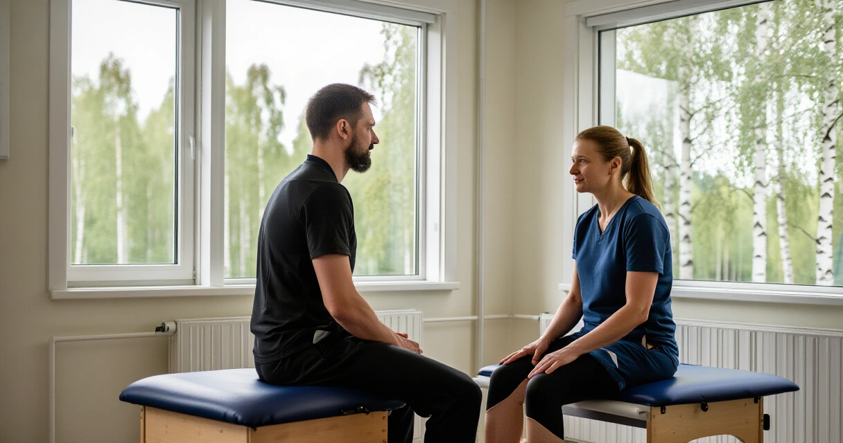 Fysioterapeutti ja potilas rauhallisessa kuntoutuskeskustelussa kirkkaassa sairaalahuoneessa
