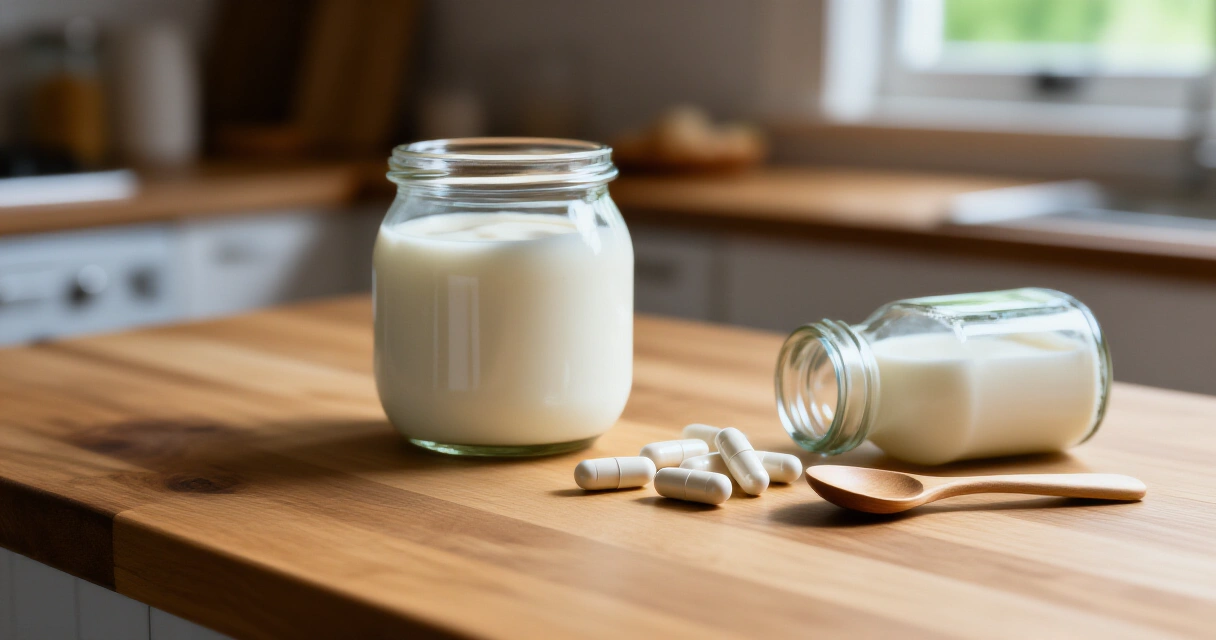 Probioottiravintolisäkapseleita ja fermentoituja maitotuotteita puisella pöydällä