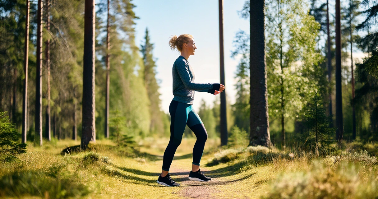 Henkilö tekee kevyttä palautumiskävelyä suomalaisessa metsässä aktiivisena palautumisena