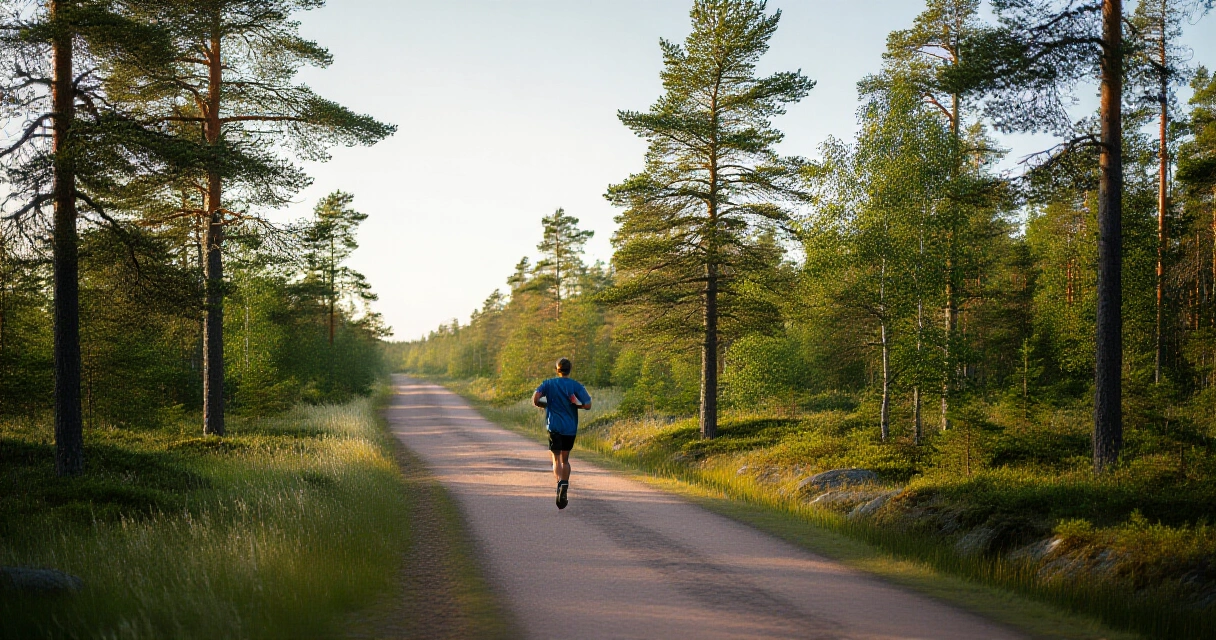 Nainen juoksee metsäpolulla aurinkoisena aamuna Suomessa