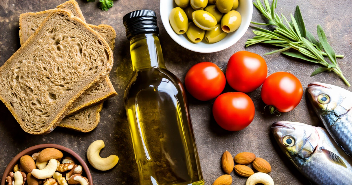 Välimeren ruokavalion raaka-aineet: oliiviöljy, tomaatit, oliivit, kala, pähkinät ja yrtit