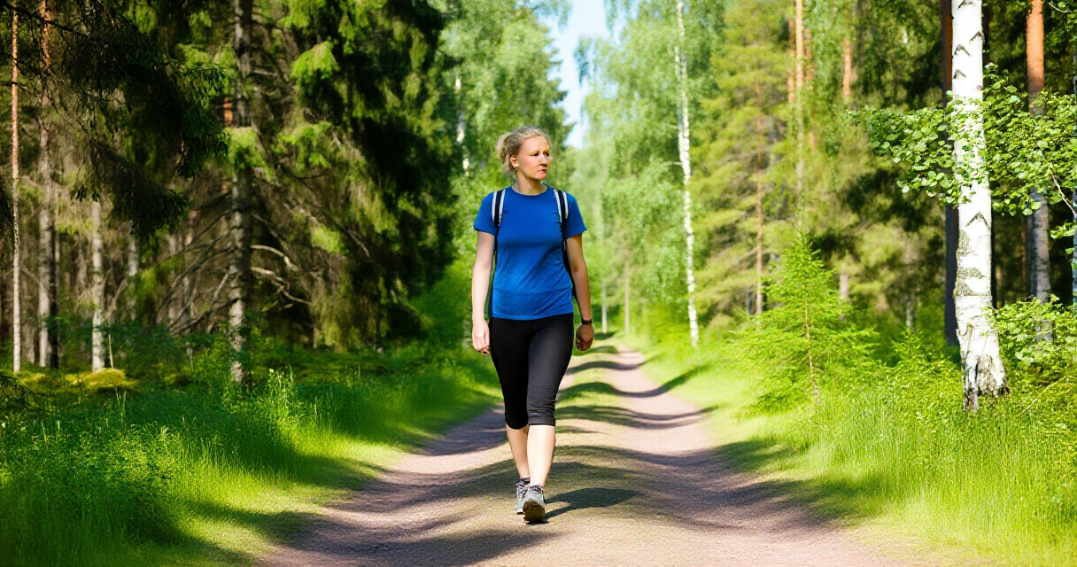 Nainen kävelee aurinkoisella metsäpolulla kesällä Suomessa
