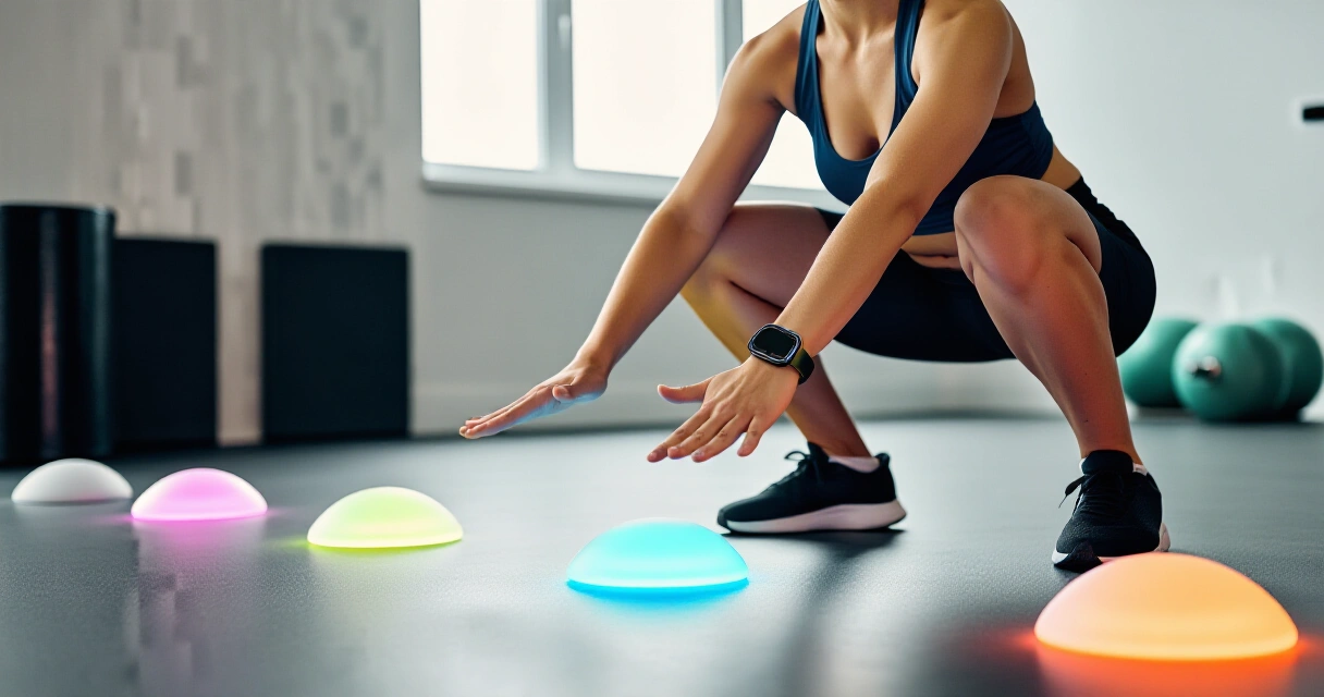 Neurofitness-harjoittelija yhdistää kyykyn ja reaktiovaloihin reagoinnin kuntosalilla