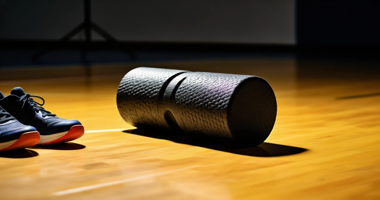 Foam roller kuntosalin lattialla treenivarusteiden vieressä