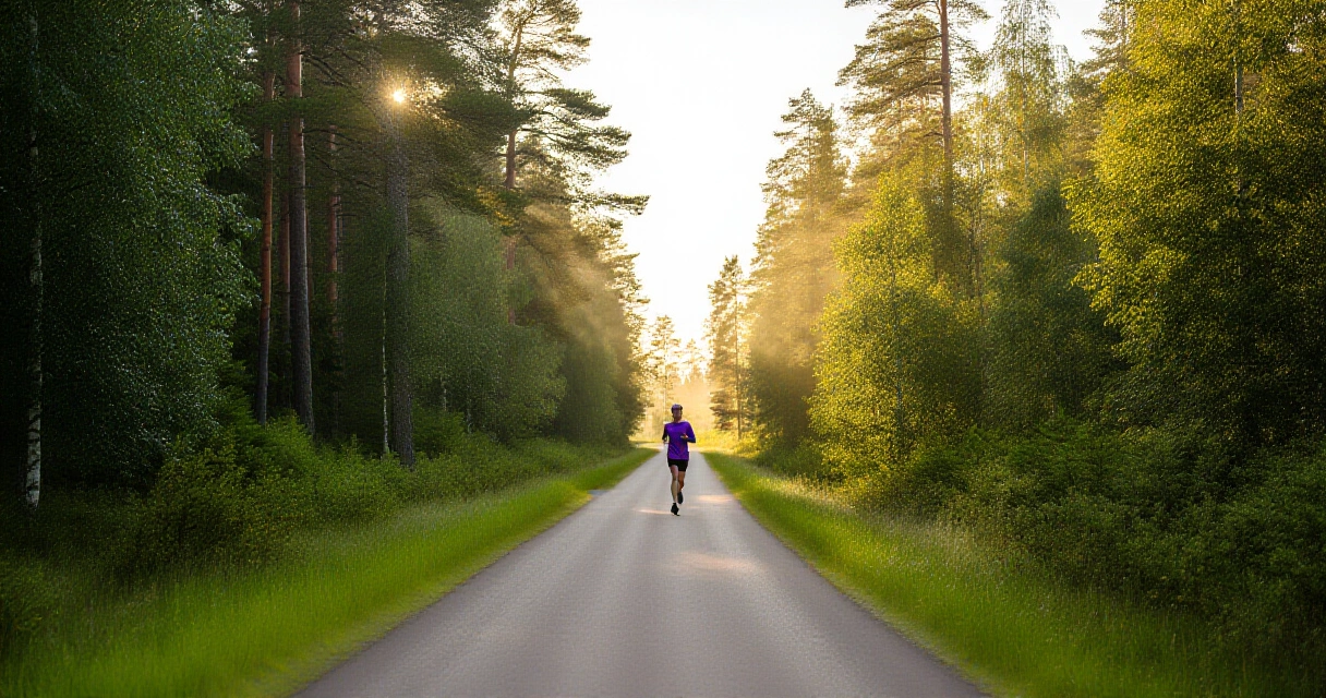 Henkilö juoksee aurinkoisella metsäpolulla Suomessa aamulla