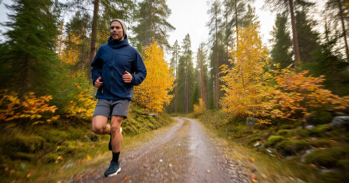 Henkilö hölkkää metsäpolulla syksyisessä Suomessa aerobisena harjoituksena