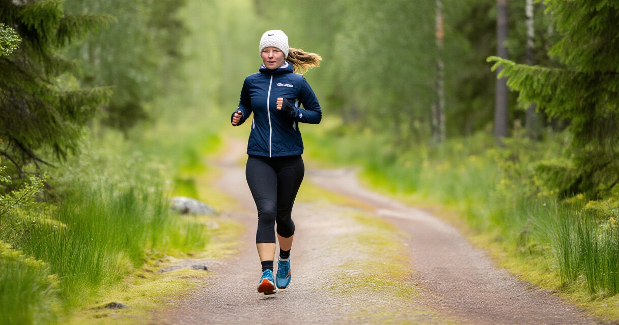 Suomalainen henkilö juoksee metsäpolulla kesäisessä luonnonympäristössä