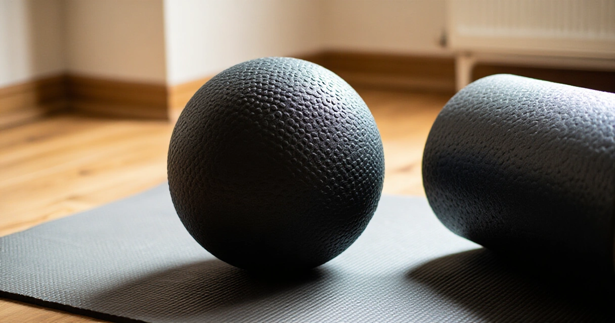 Hierontapallo ja foam roller joogamatolla vierekkäin