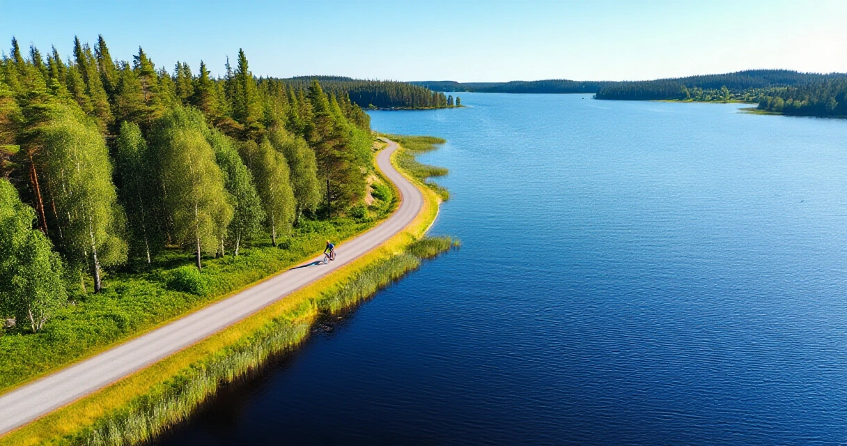 Pyöräilijä ajaa kesäisellä maantietiellä suomalaisen järvimaiseman äärellä aerobisena harjoituksena