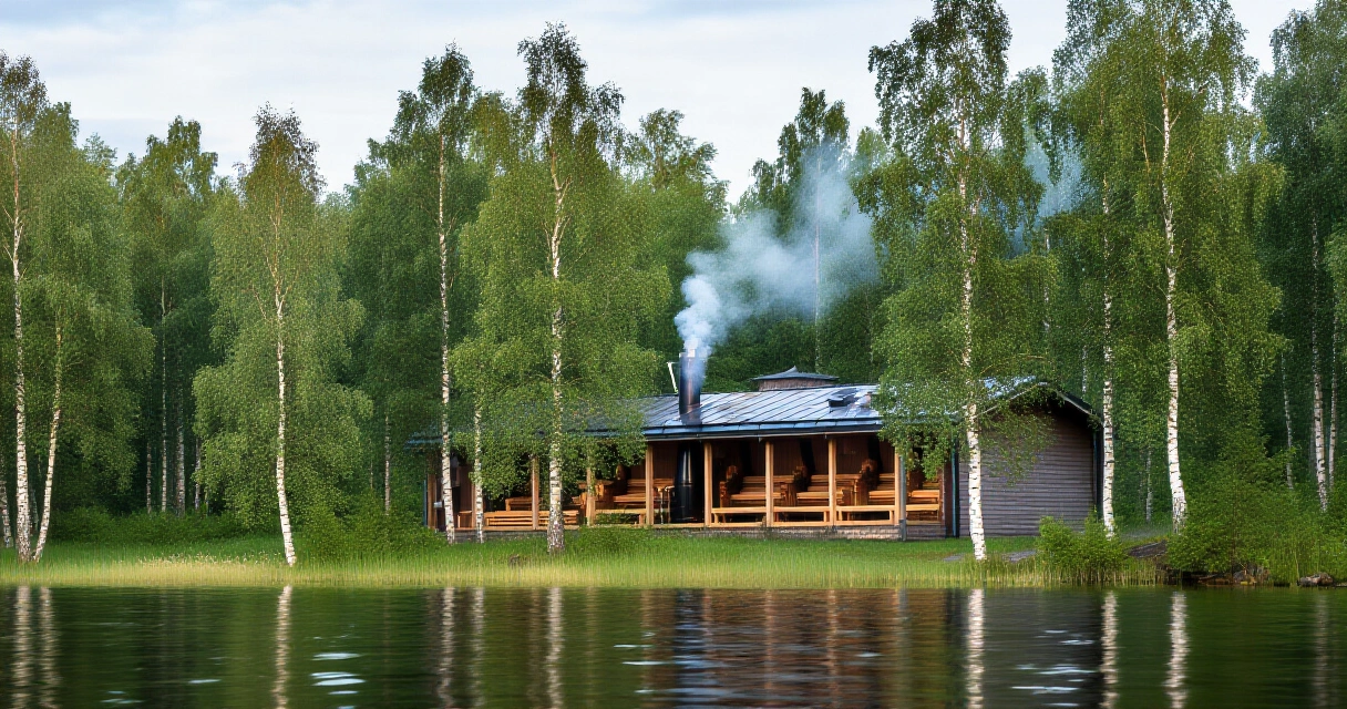 Perinteinen suomalainen saunakylpylä järven rannalla kesällä