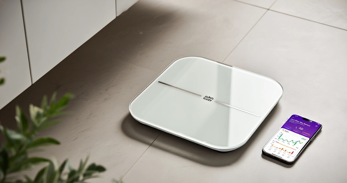 Withings Body Comp -älyvaaka kylpyhuoneessa älypuhelimen health-sovelluksen vieressä