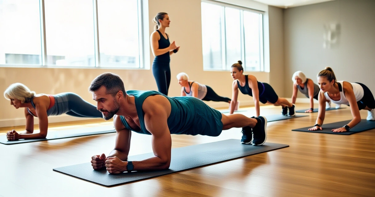 Ryhmä aikuisia ohjatulla fitness-tunnilla modernissa liikuntastudiossa