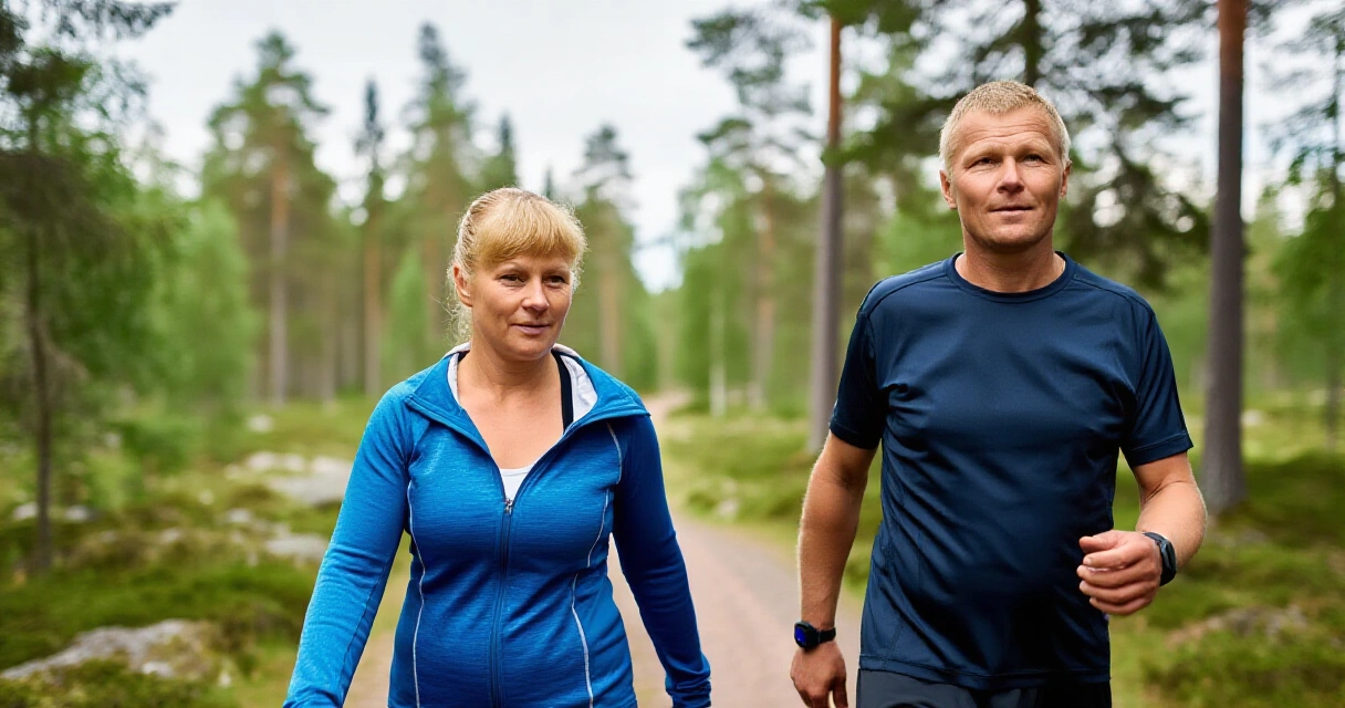 Suomalainen pariskunta kävelee metsäpolulla kesällä – fitness connection arjessa