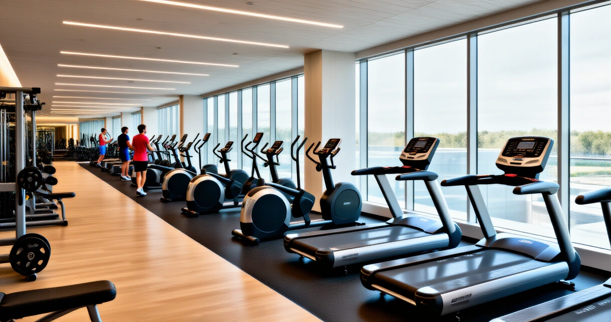 Moderni kuntosali vapaapainoineen ja kuntolaiteineen – onelife fitness -tyylinen liikuntakeskus