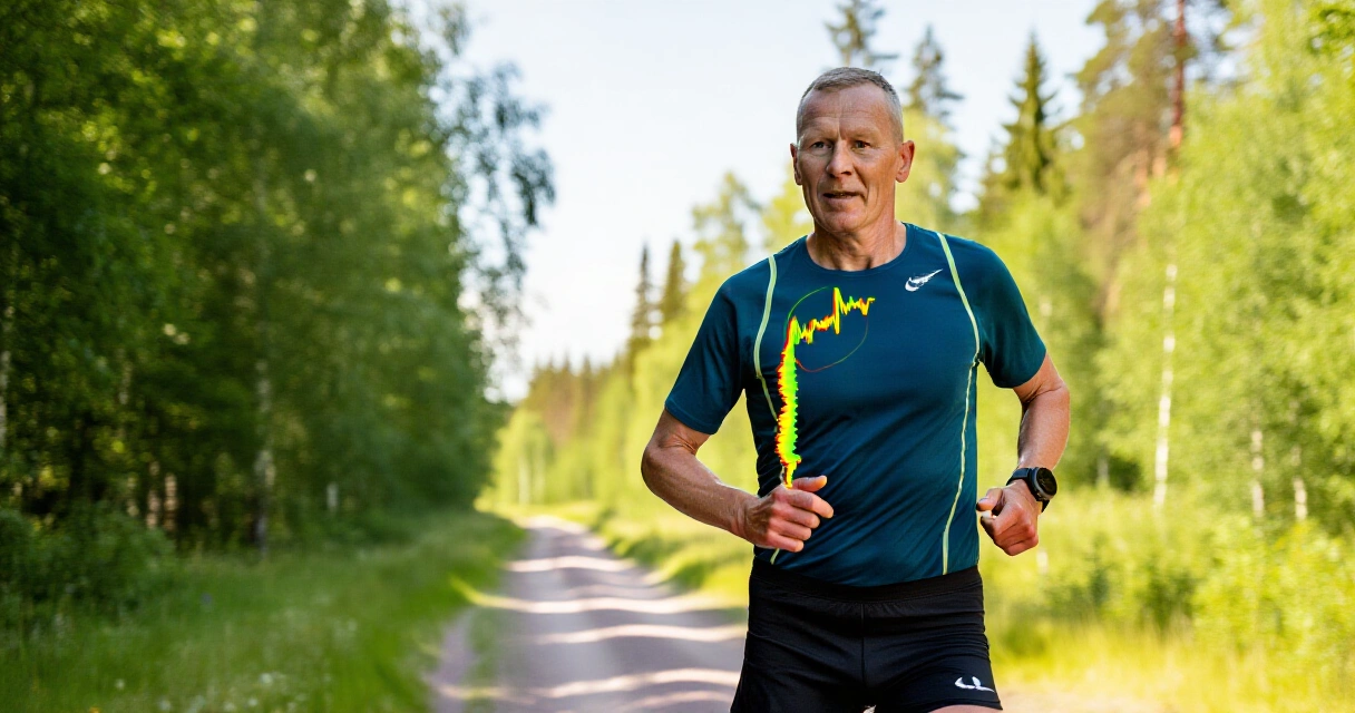 Kuntoilija tekee VO2max-intervalliharjoitusta suomalaisella metsäpolulla älykello ranteessa