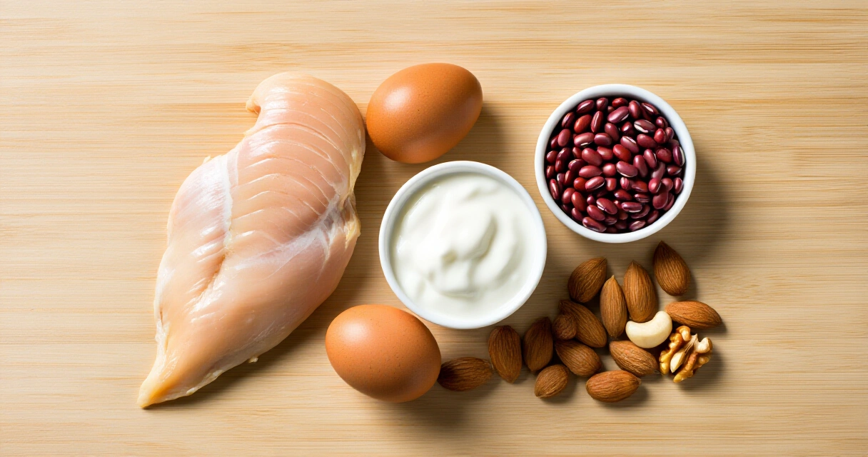 Proteiinipitoisia ruoka-aineita kuten kananrintaa, munia, kreikkalaista jogurttia ja pähkinöitä