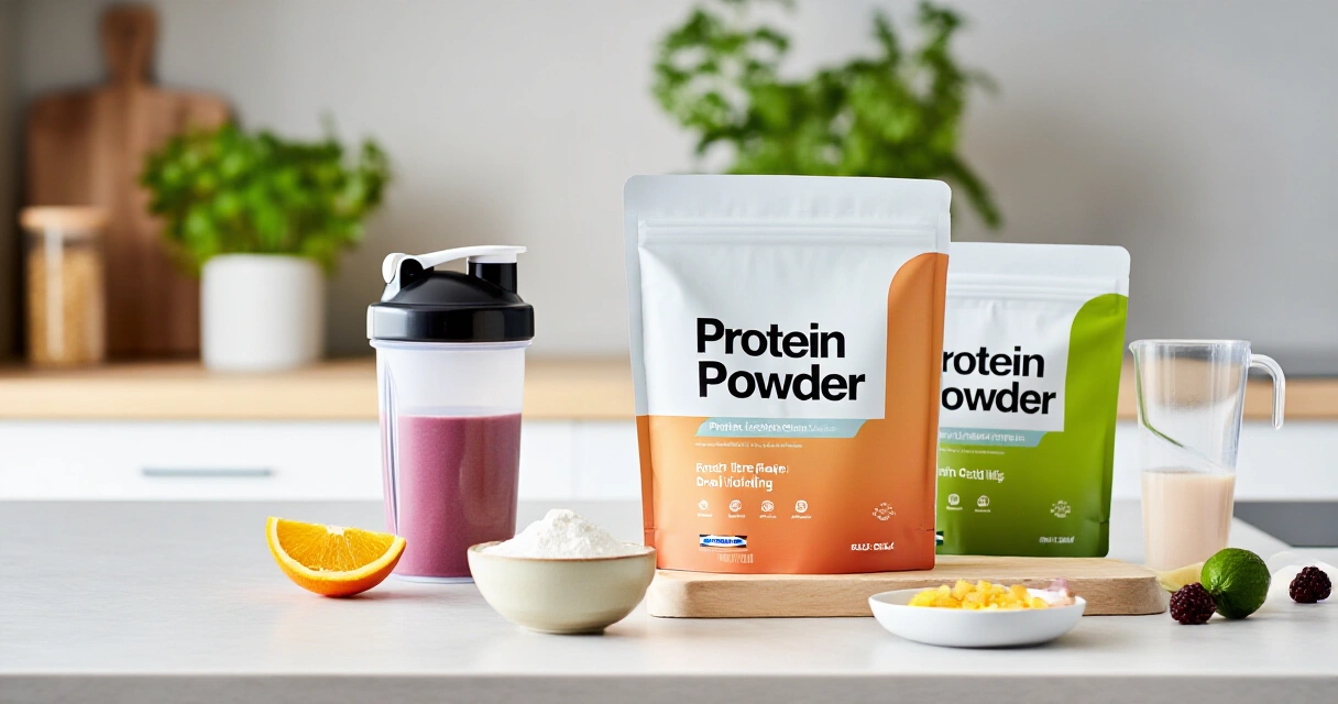 Clean label -proteiinijauheita ja kirkas proteiinijuoma ravistelijassa