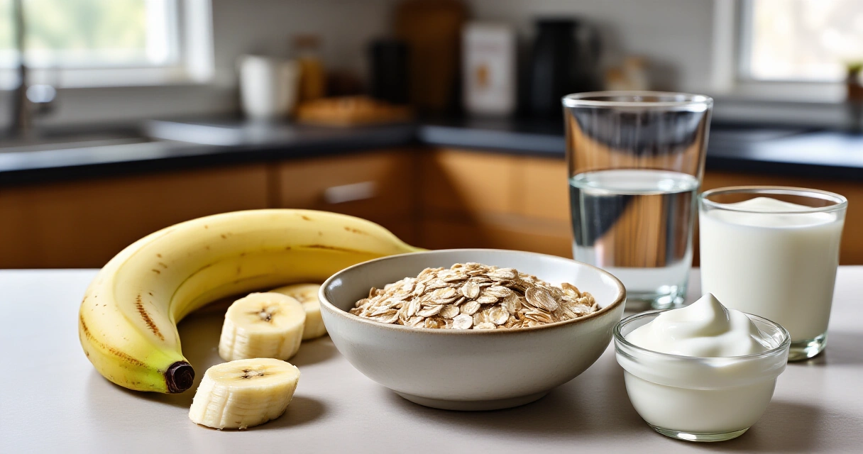 Terveellinen pre-workout-ateria: banaani, kaurapuuro, kreikkalainen jogurtti ja vesi