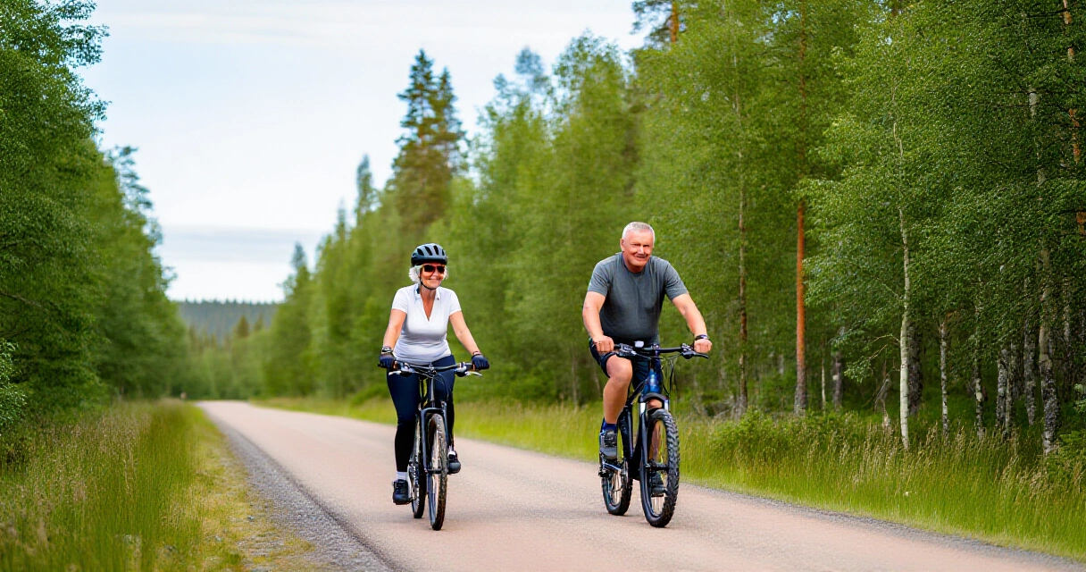 Yli 50-vuotiaat suomalaiset pyöräilevät metsäpolulla kesällä