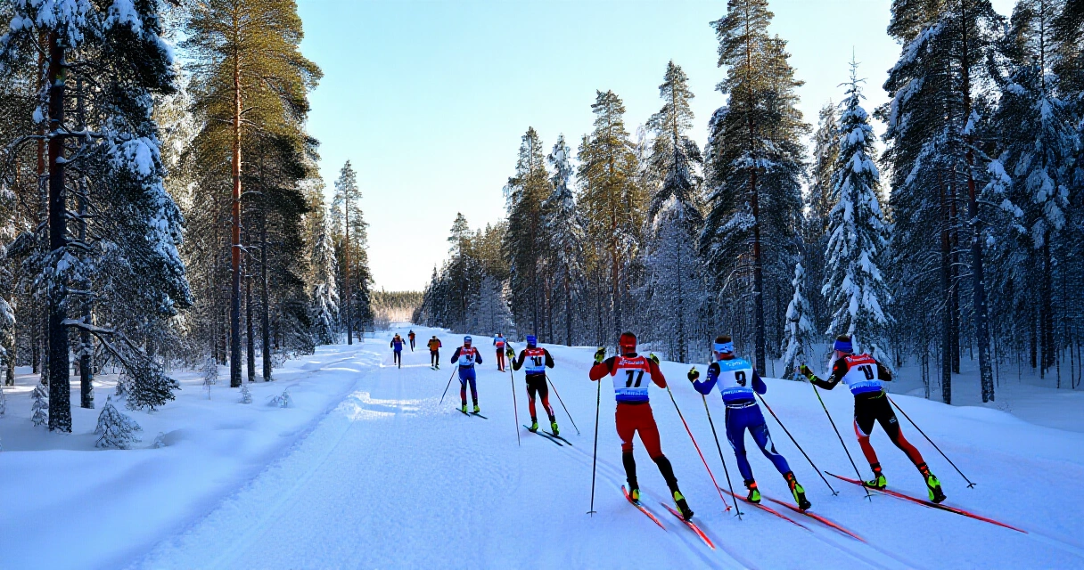 Maastohiihtäjiä lumisessa suomalaisessa metsässä talvipäivänä