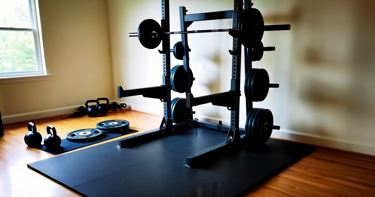Kotikuntosali, jossa on power rack, tanko ja levyt sekä kettlebelleja
