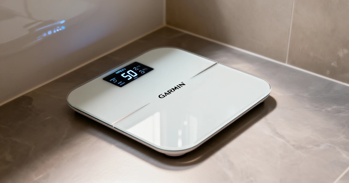 Garmin Index S2 -älyvaaka kylpyhuoneessa, näyttöruudulla kehonkoostumusmittaukset
