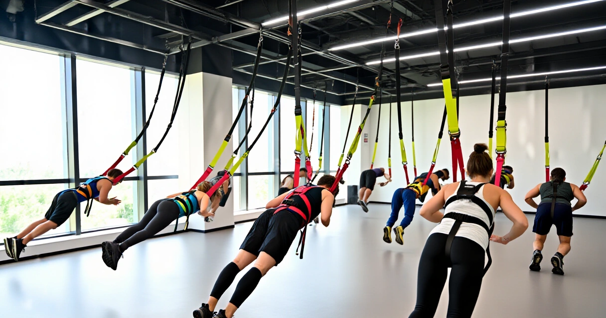 Bungee fitness -tunti suomalaisessa liikuntastudiossa, osallistujat valjaisiin kiinnitettyinä