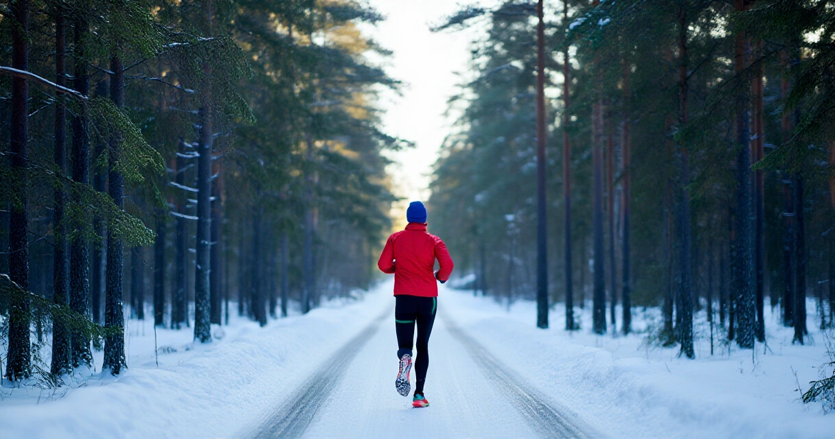 Ulkojuoksu suomalaisessa talvimetsässä, lumi puissa