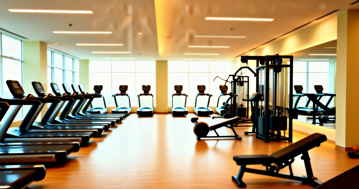 Moderni kuntosali voimalaitteineen ja juoksumatoineen kirkkaassa luonnonvalossa