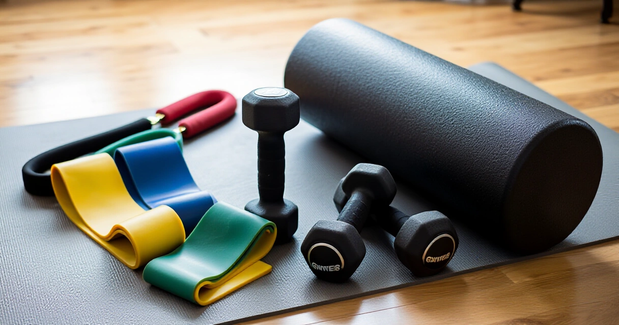 Kotisalin aloittelupaketti: vastuskuminauhat, käsipainot ja foam roller jumppamaton päällä
