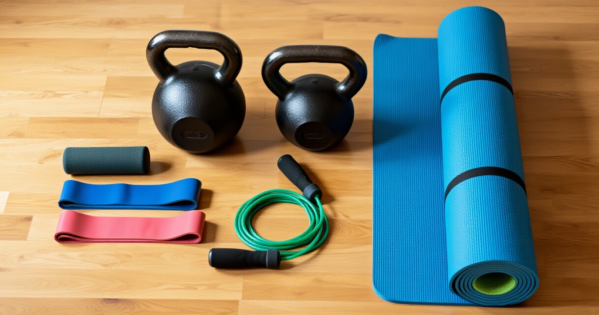 Budjetin kotisalin välineet: vastuskuminauhat, kettlebell, hyppynaru, vaahtomuovirulla ja matto