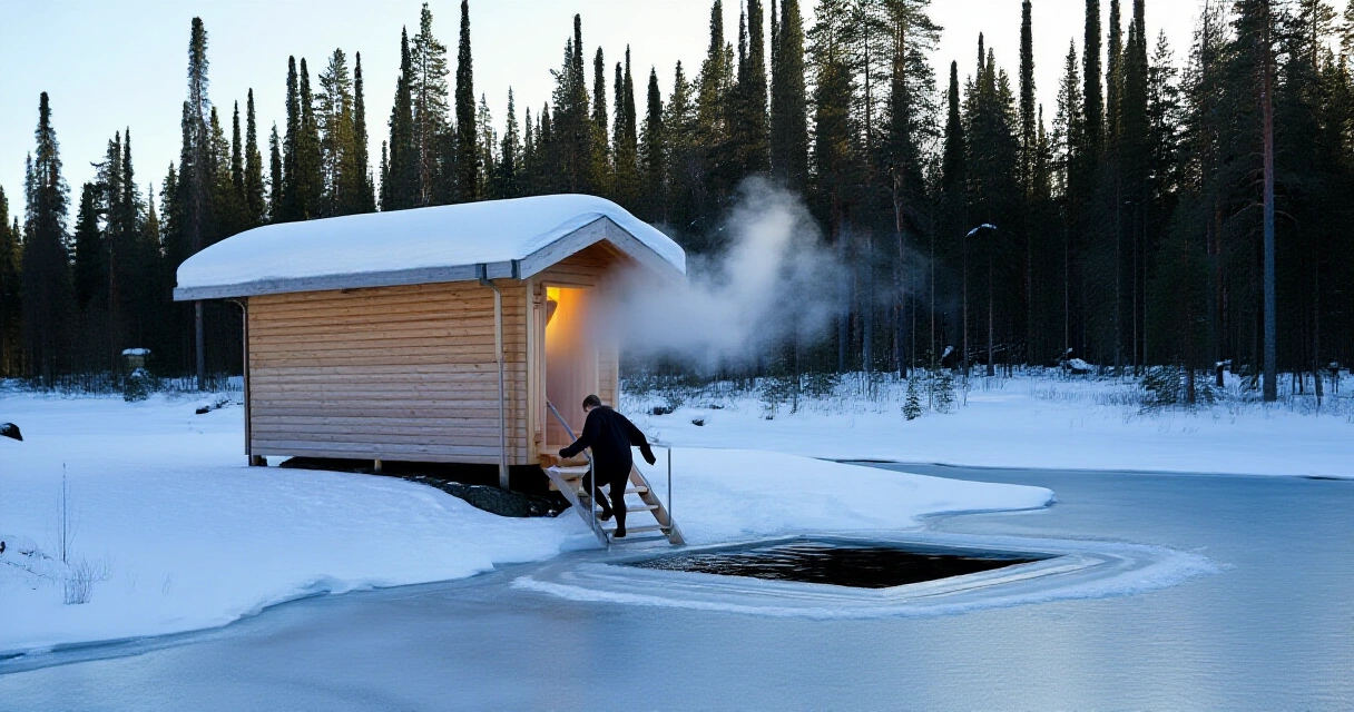 Suomalainen saunan jälkeinen avantouinti talvisessa järvimaisemassa
